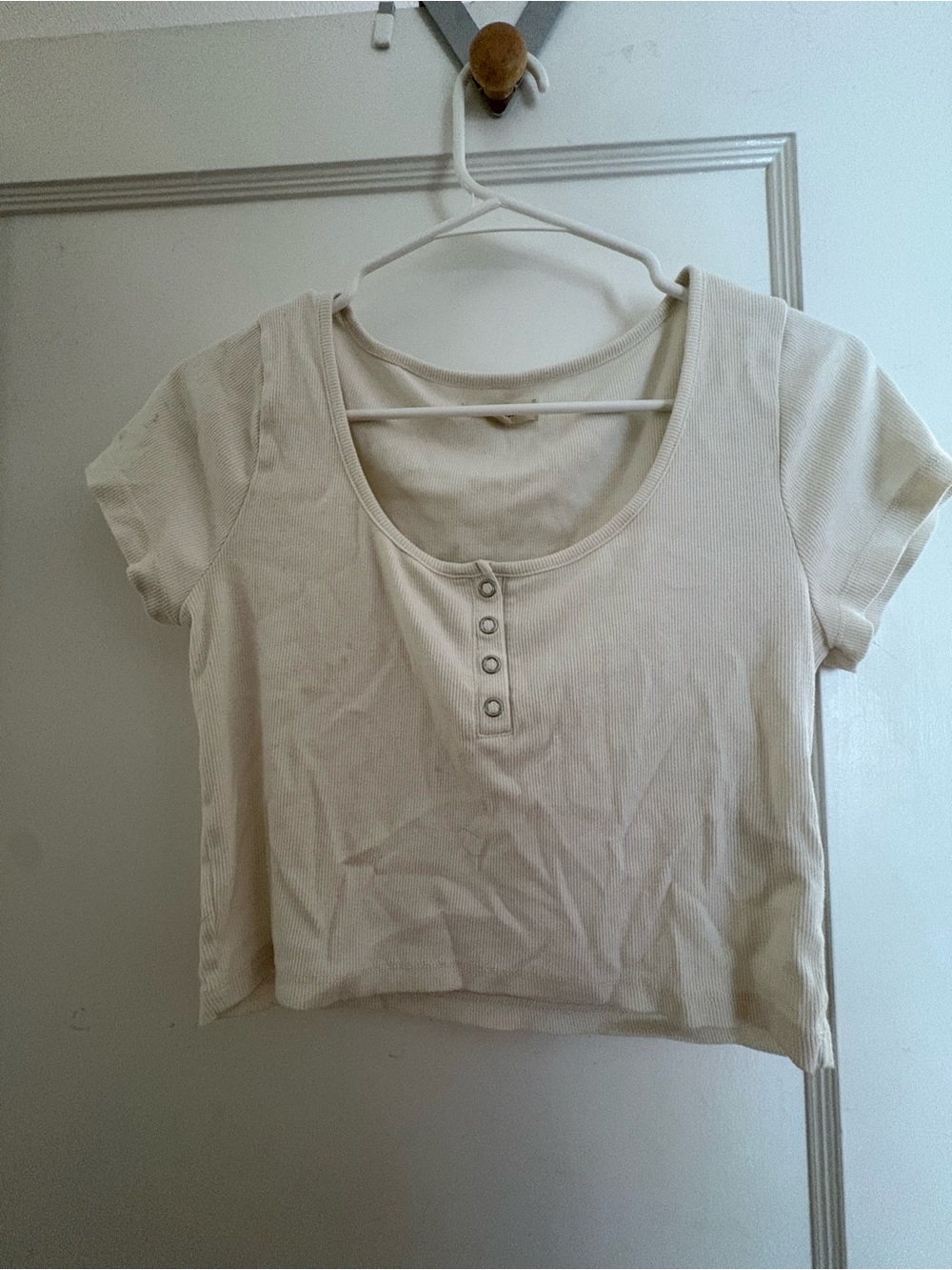 Madewell Cream Ribbed Scoop-Neck Crop Top with Button Placket